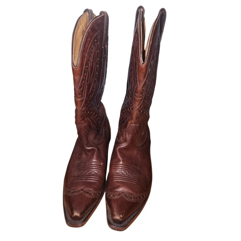 Vintage Boulet Leather Cowboy Boots, Western Brown, Decorative Stitching 8 Wide‎